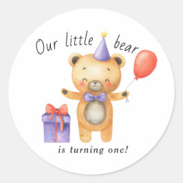 Pegatina Redonda Nuestro pequeño oso cumple un año Fiesta de cumple