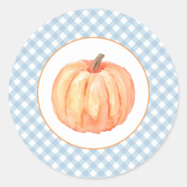 Pegatina Redonda Nuestro pequeño pastel de calabaza de cuadros azul