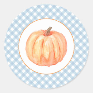 Pegatina Redonda Nuestro pequeño pastel de calabaza de cuadros azul