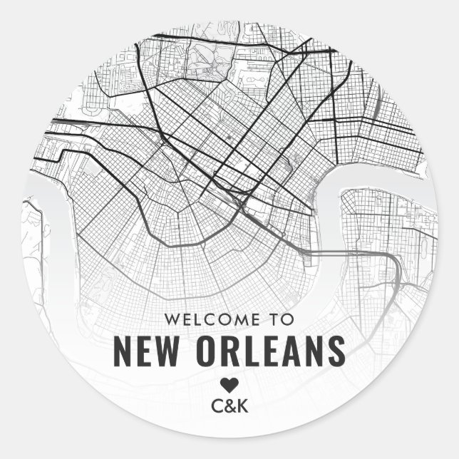 Pegatina Redonda Nueva Orleans, mapa de la ciudad de Luisiana | Bie (Anverso)