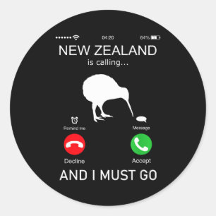 Pegatina Redonda Nueva Zelanda está llamando y debo ir, Zealand Fun