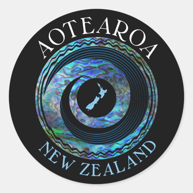PEGATINA REDONDA NUEVA ZELANDIA KORU MAP PAUA (Anverso)