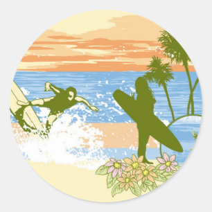 Pegatina Redonda nuevo surfista vintage hawaii beach chica boy