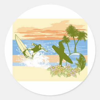 Pegatina Redonda nuevo surfista vintage hawaii beach chica boy
