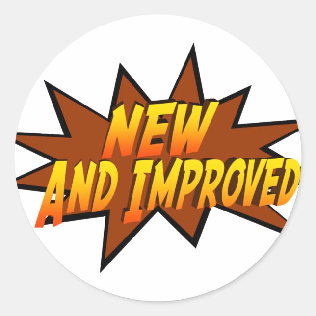 Pegatina Redonda Nuevo Y Mejorado (Anverso)