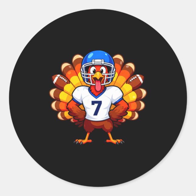 Pegatina Redonda Number 7 Funny Thanksgiving Football Turkey Men Wo (Anverso)