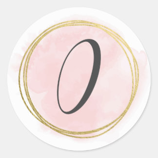 Pegatina Redonda Número 0 Monograma Rosa Beige Acuarela Dorado 