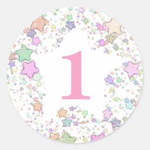 Pegatina Redonda Número 1 Un primer cumpleaños Estrellas Pastel