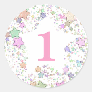 Pegatina Redonda Número 1 Un primer cumpleaños Estrellas Pastel