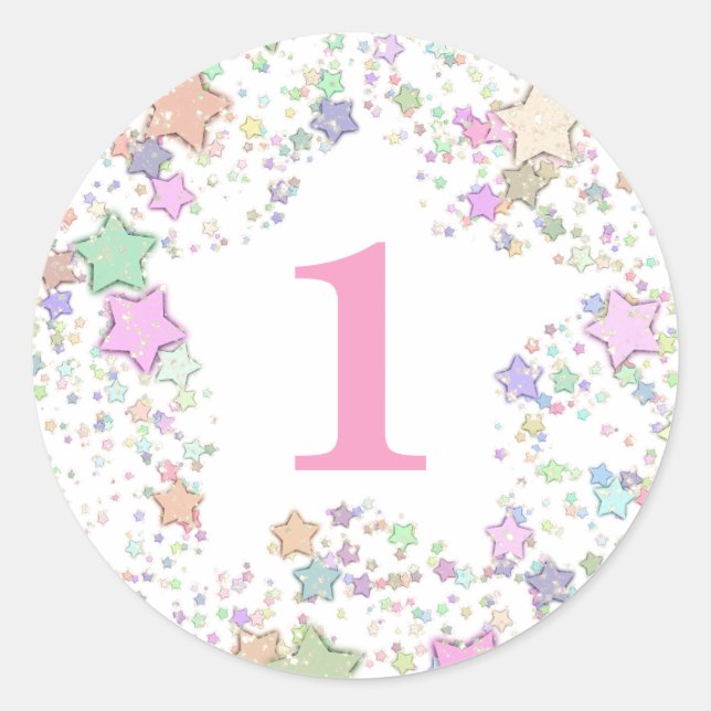 Pegatina Redonda Número 1 Un primer cumpleaños Estrellas Pastel (Anverso)