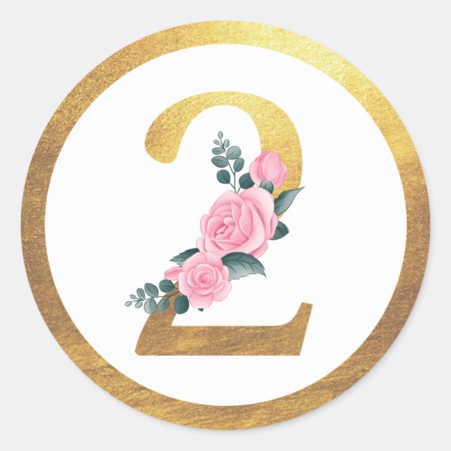 Pegatina Redonda Número 2 Dos Rosas Rosadas Floral y Oro Elegante (Anverso)