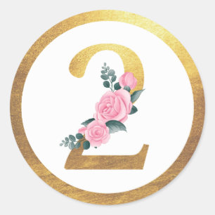 Pegatina Redonda Número 2 Dos Rosas Rosadas Floral y Oro Elegante