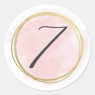 Pegatina Redonda Número 7 Siete Monograma Rosa Claro Acuarela Dorad
