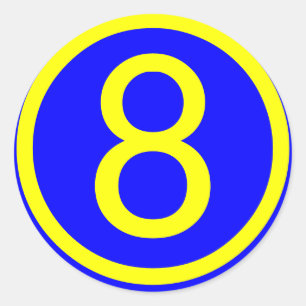 Pegatina Redonda número 8 en un círculo, fondo azul