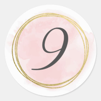 Pegatina Redonda Número 9 Nueve Monograma Rosa Claro Acuarela Oro