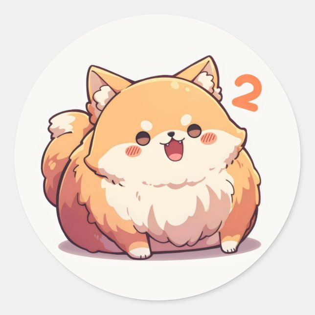 Pegatina Redonda Número Dos Perro de Anime Divertido (Anverso)
