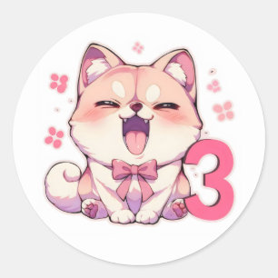 Pegatina Redonda Número Tres Perro Anime Lindo