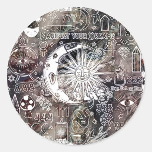 Pegatina Redonda Numerología Afortunada Manifestando Magia Galaxia 