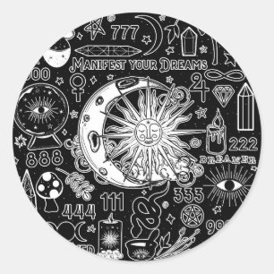 Pegatina Redonda Numerología Afortunada Manifestando Magia Negra Bl