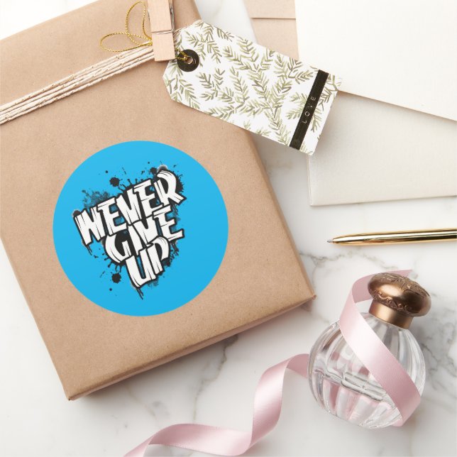 Pegatina Redonda NUNCA RENUNCIAR, cita motivada en blanco y negro (Regalar)