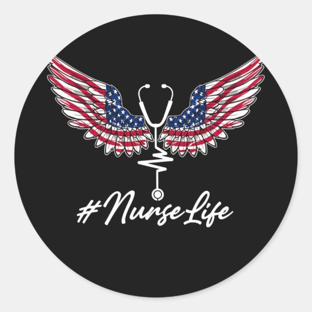 Pegatina Redonda Nurse Life Angel Wings American Flag Stethoscope (Anverso)