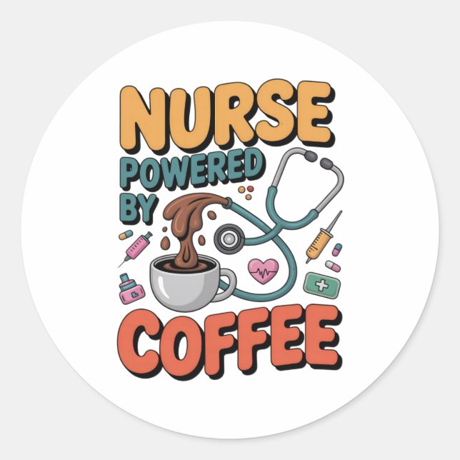Pegatina Redonda Nurse Powered by Coffee (Anverso)