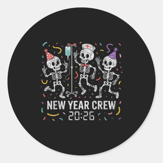 Pegatina Redonda Nurse Skeleton New Year Crew 2026 Funny Er Icu Par (Anverso)