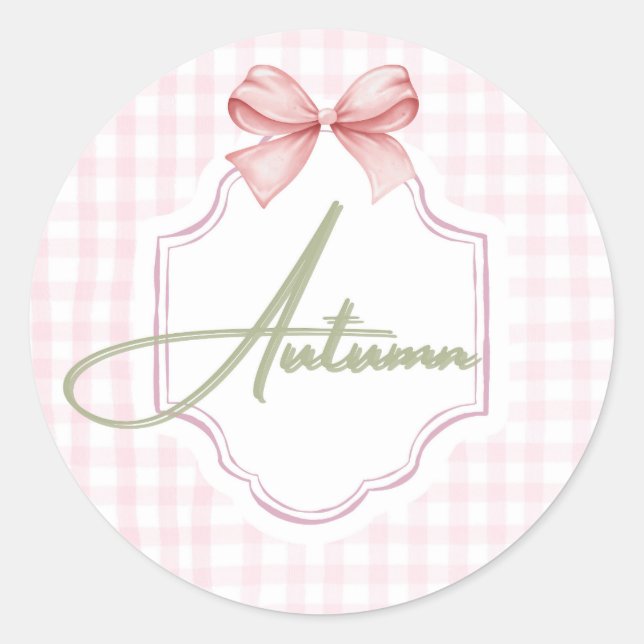 Pegatina Redonda Nursery Bow&Gingham personalizada para bebé de oto (Anverso)