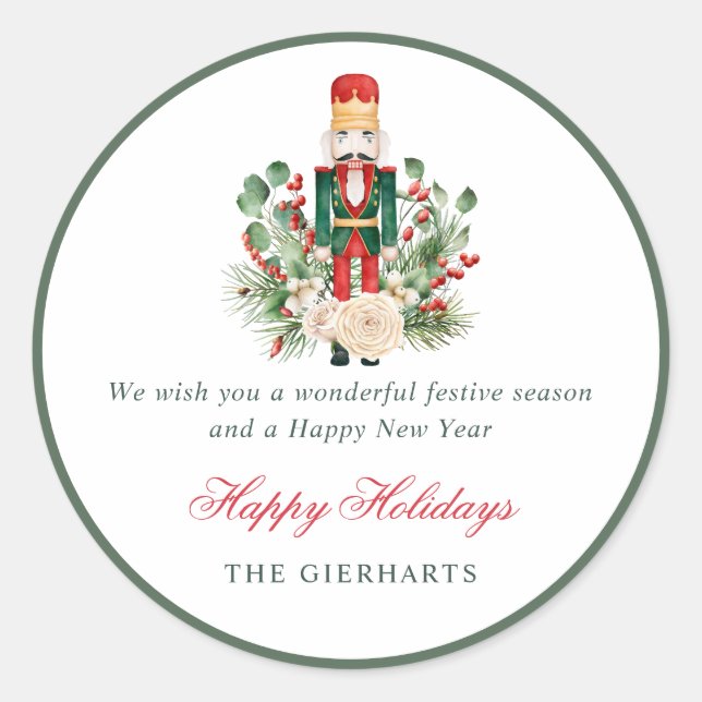 Pegatina Redonda Nutcracker and Greenery Happy Holidays Christmas (Anverso)