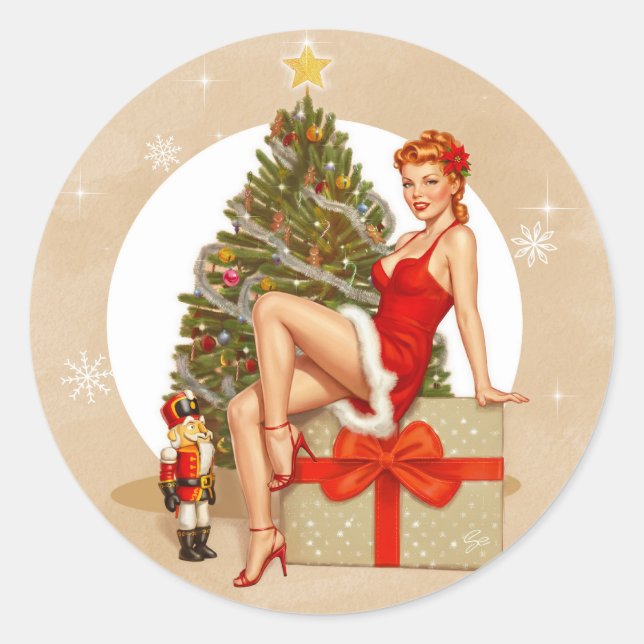 Pegatina Redonda Nutcracker Sweet Retro Pinup Christmas Sticker (Anverso)