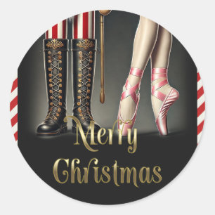 Pegatina Redonda Nutcracker y Ballerina Black Gold Feliz Navidad