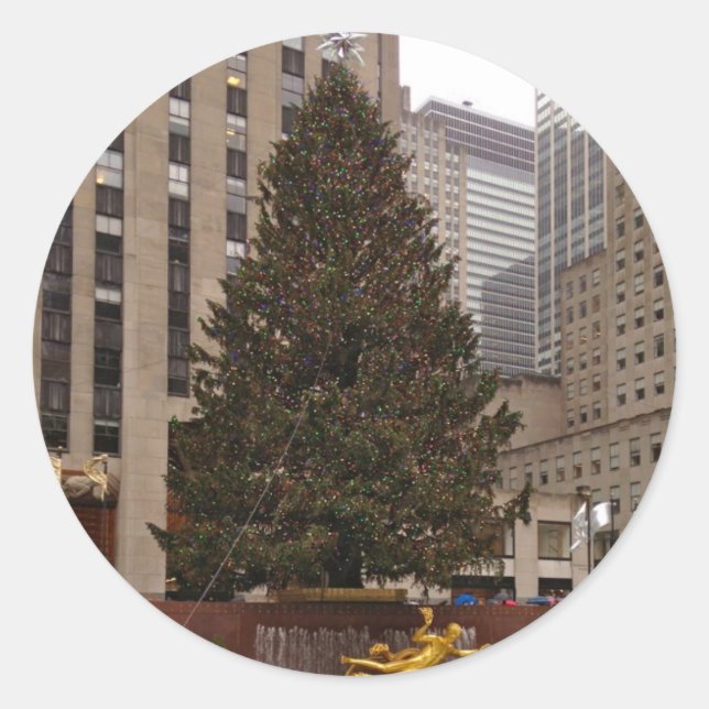 Pegatina Redonda NYC Rockefeller Center Christmas Tree Photography (Anverso)