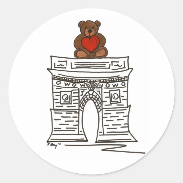 Pegatina Redonda NYC Valentine Washington Square Arch Teddy Bear (Anverso)