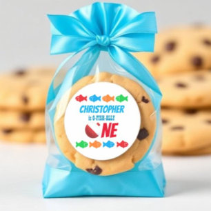 Pegatina Redonda O-Fish-Ally Un pescador Primer cumpleaños