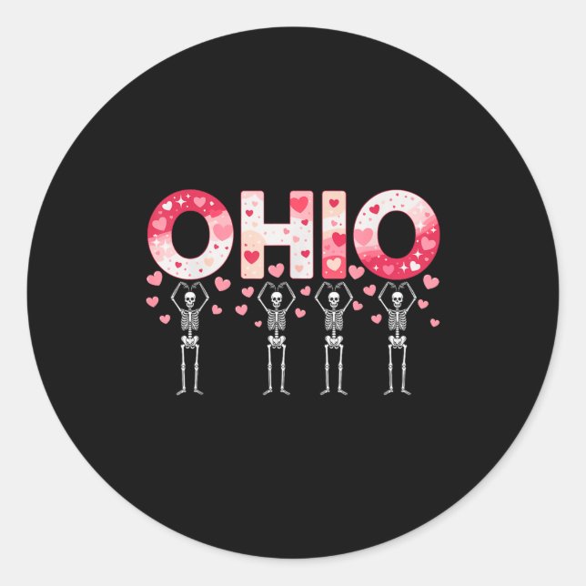 Pegatina Redonda O-h-i-o Funny Skeletons Ohio In Midwestern Valenti (Anverso)