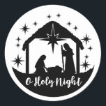 Pegatina Redonda O Holy Night Manger<br><div class="desc">Manger with star showing Mary,  Jesus,  Joseph with the words O Holy Night</div>