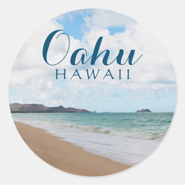 Pegatina Redonda Oahu Hawaii Ocean Waves & Beach (Anverso)
