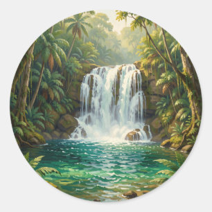 Pegatina Redonda Oasis de exuberante cascada tropical