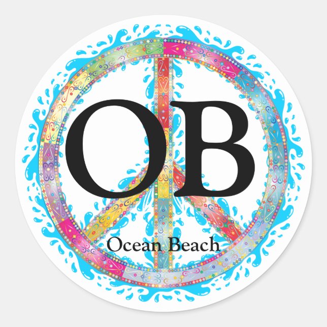 Pegatina Redonda OB Ocean Beach California Peace Sign and Water (Anverso)