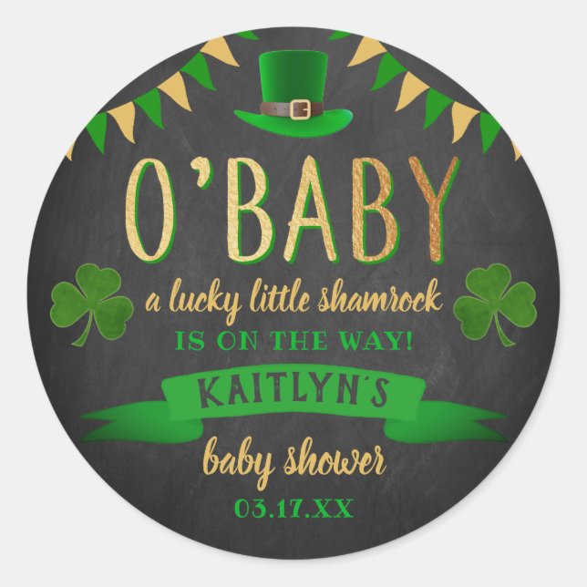 Pegatina Redonda O'Baby St. Patrick's Day Baby Shower (Anverso)