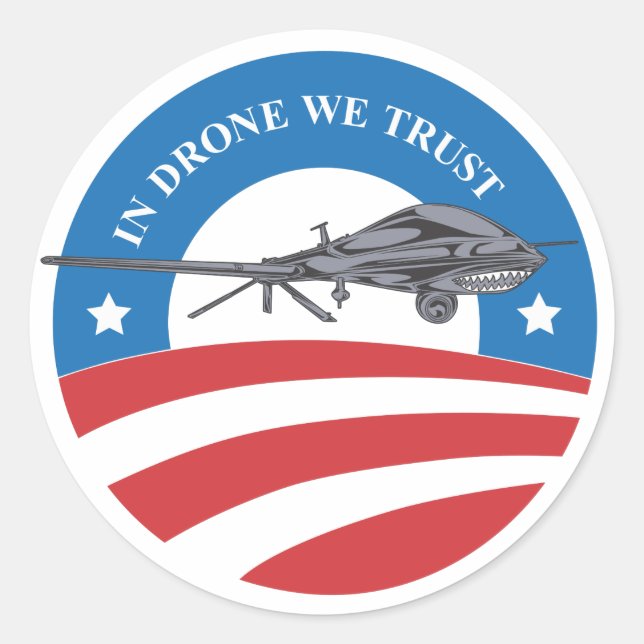 Pegatina Redonda obama victoria-In Drone We Trust-pegatina (Anverso)