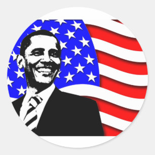 Pegatina Redonda Obama Y Bandera
