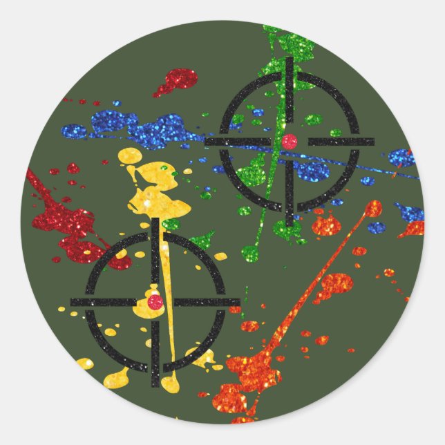 Pegatina Redonda Objetivos de purpurina Fiesta Paintball (Anverso)