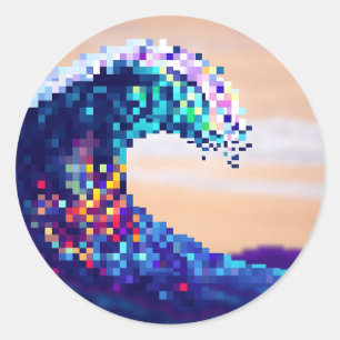 Pegatina Redonda Obra artística de Olas Oceánicas Pixeladas