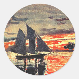Pegatina Redonda Obra de arte de Winslow Homer, Fuegos del Atardece