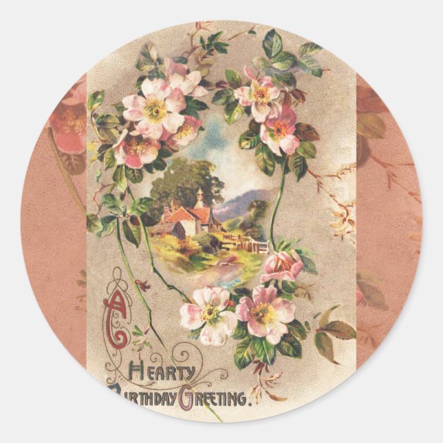 Pegatina Redonda Obra de Vintage Happy Birday Card (Anverso)