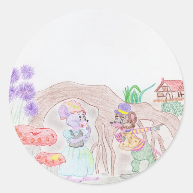 Pegatina Redonda Obras de arte de niños personalizados, dos ratones (Anverso)