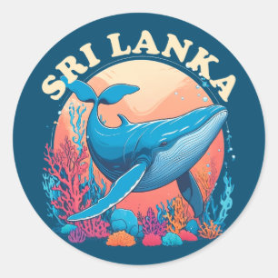 Pegatina Redonda Observación de ballenas azules en Sri Lanka