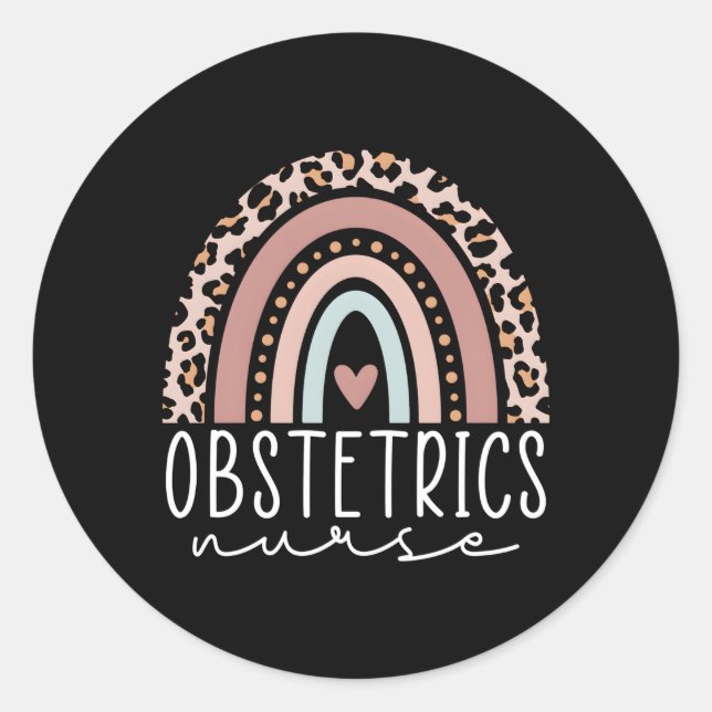 Pegatina Redonda Obstetricia enfermera leopardo arcoiris enfermera  (Anverso)