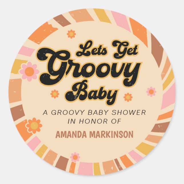 Pegatina Redonda Obtengamos Groovy Retro Baby Shower (Anverso)